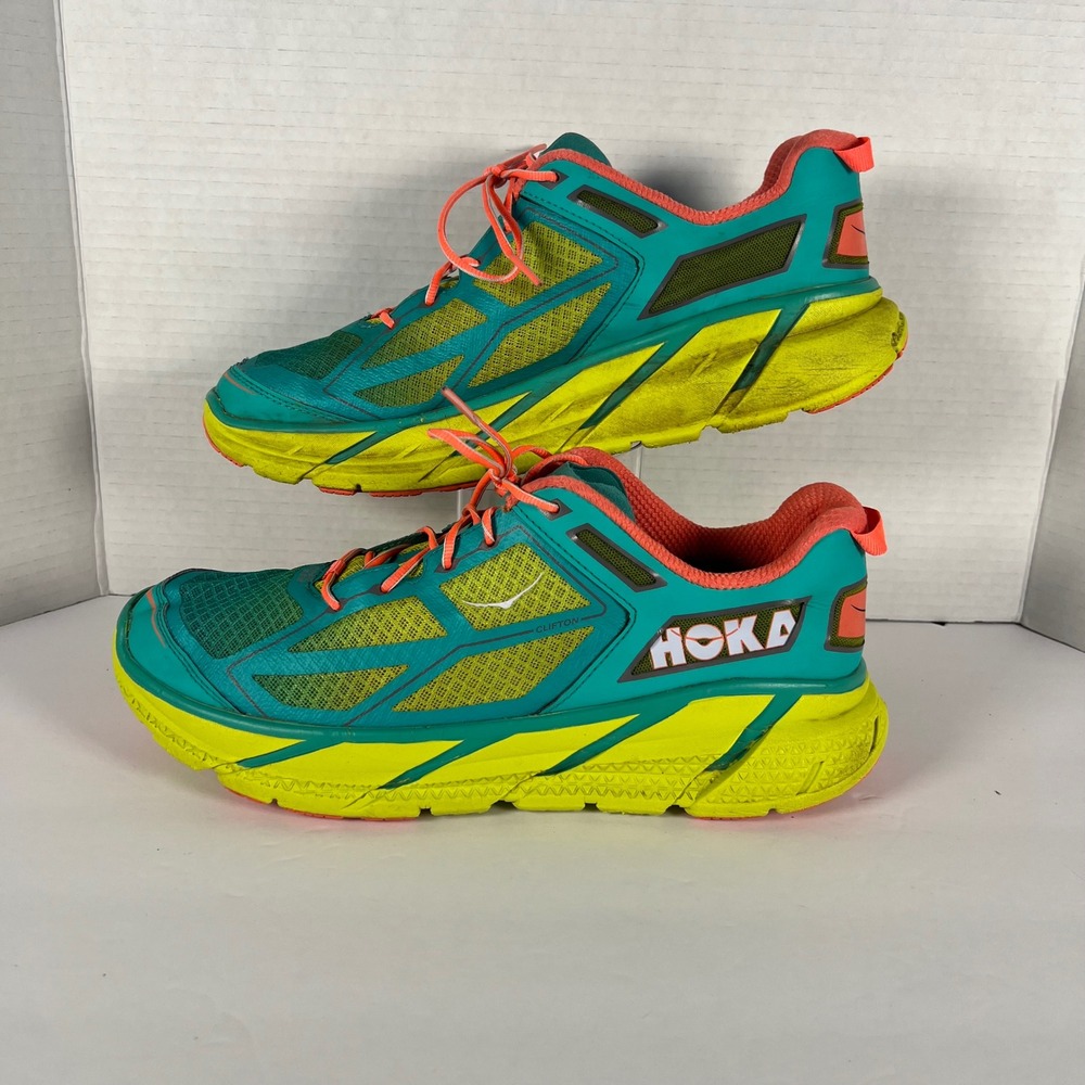 Hoka One One Clifton 1 Womens 10.5 Teal‎ Lime Green Running Shoes 1101944 AANCR